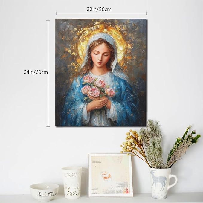 Christian Mary Wall Art Mary Mother Of God Canvas Wall Decor Catholic Blessed Mother with Roses Pictures Christ Paintings Prints Religious Bible Artwork Framed Decorations For Church Prayer Room Chapel Bathroom Bedroom Living Room Gifts 20" x 24"