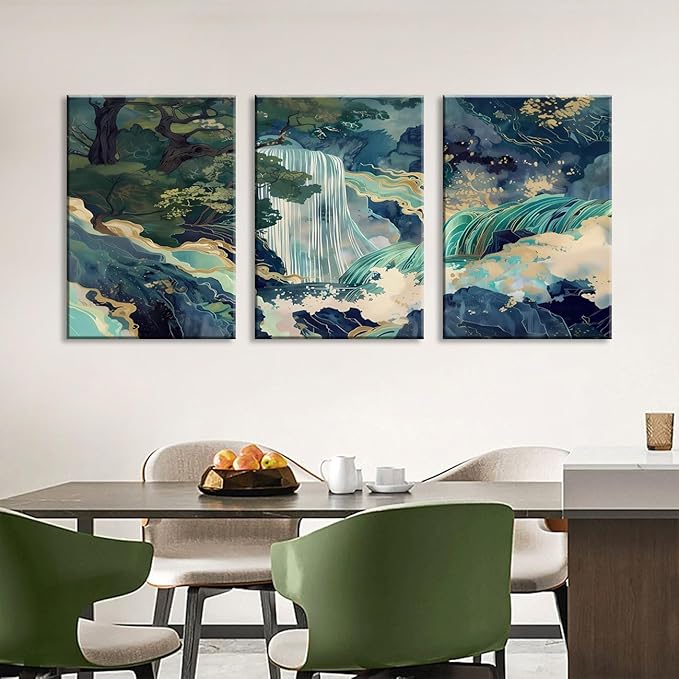 3Pcs Framed Japanese Canvas Wall art Painting Large Waterfall Scenery Poster Print Wrap Canvas Artwork Nature Scenery Abstract Blue Waterfall Zen Art Print Living Room Bedroom Office Decor 12x16 Inch
