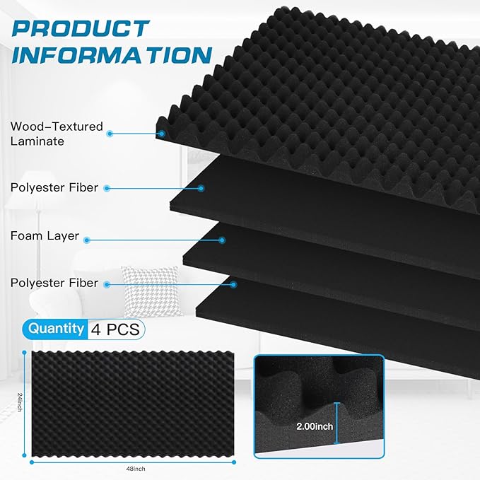 4 Pack Acoustic Panels, 48x24x2” Soundproof Foam Wall Panels High Density Noise Canceling Studio Foam Wall Panels for Home Office (Black)