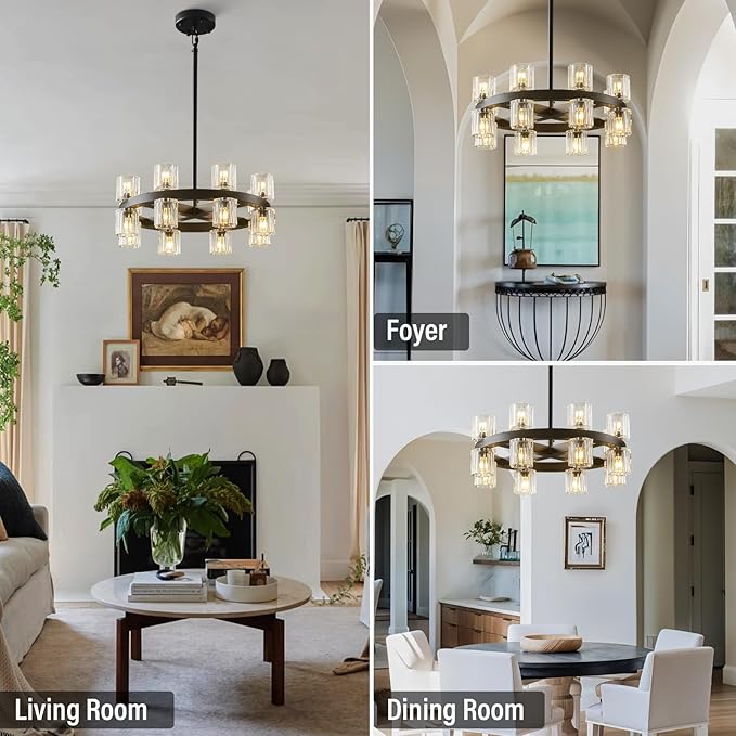 Black Wagon Wheel Chandelier, 18" Modern Farmhouse Chandelier, 16-Light Chandelier for Living Room, K9 Crystal Chandeliers for Dining Room (Bulbs Included)