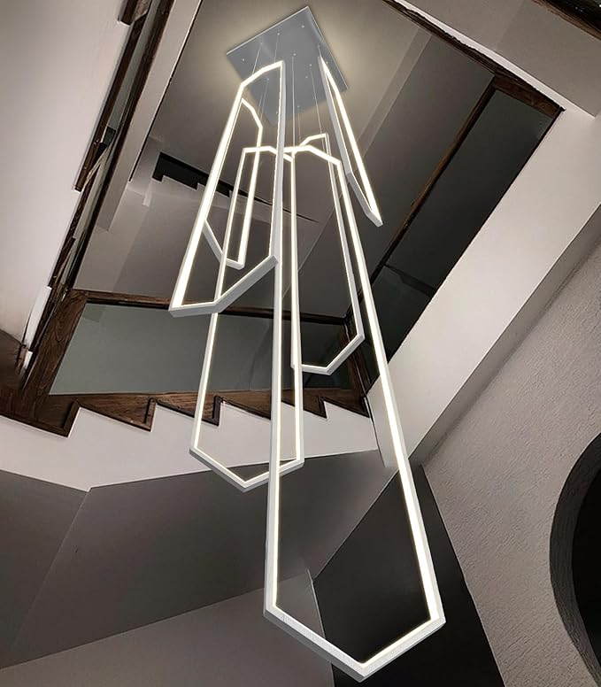 6 Rings Large Chandelier for Staircase Modern High Ceiling Chandelier LED Dimmable Chandeliers for Foyer Living Room Villa Silver