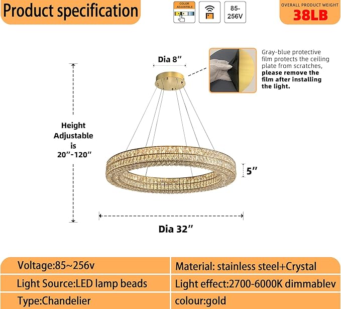 Led 32in Gold Ring Chandelier, Modern Crystal Chandelier Lighting Hanging Ring Adjustable,Round Crystal Ceiling Light Fixture for Living Room Dining Room Bedroom