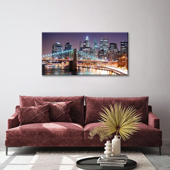 NAN Wind 1PCS New York City Skyline Canvas Wall Art Brooklyn Bridge at Sunset Golden Hour Manhattan Cityscape Pictures Canvas Artwork East River Reflection Modern Urban Home Decor Living Room Office