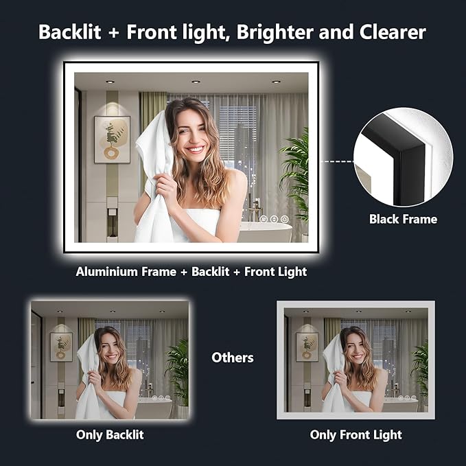 44x30 Inch LED Bathroom Mirror with Lights (Front Lit and Backlit) Black Framed Lighted Vanity Mirror for Bathroom Wall Dimmable Anti-Fog Memory Tempered Glass Horizontal/Vertical