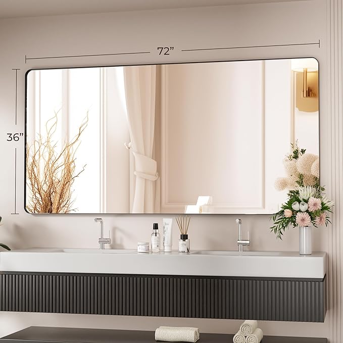 Black Bathroom Mirror 72X36 Inch Bathroom Vanity Mirror for Wall, Metal Frame Large Mirror, Tempered Glass, Modern Wall Mirror for Bathroom, Farmhouse, Horizontally or Vertically Hanging