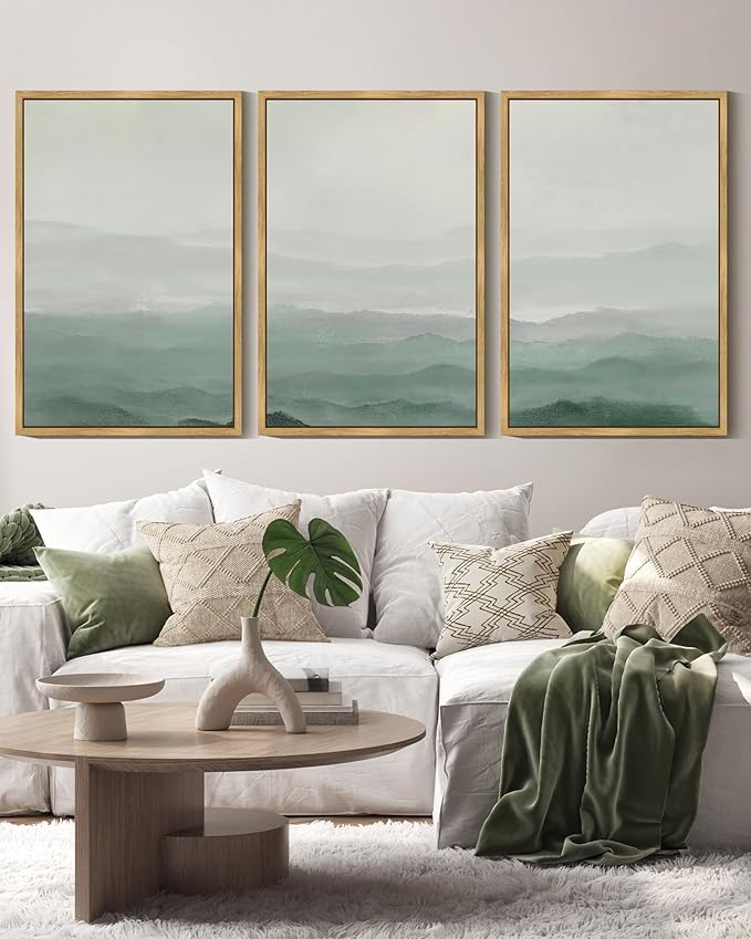 KUVIOKE Green Watercolor Mountains in Fog Framed Wall Art Wilderness Nature Landscape Artwork Painting Boho Rustic Scenic Relax Cool Home Decor 16x24in (Natural Framed)