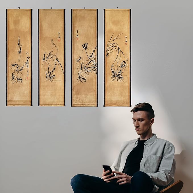 CIFIBIFUN Wall Asia Art Prints Posters,4 Panels Qi Baishi Shrimp China Ink Painting Replica Paper Scroll, Home Walls Decor Chinese Painting