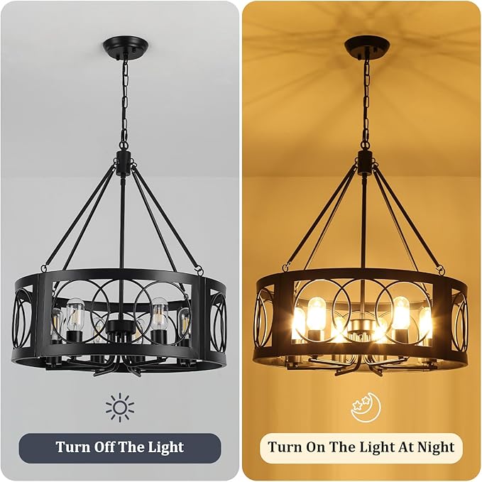 Modern Farmhouse Chandelier, 6-Light Black Chandeliers for Dining Room, 21.6'' Rustic Adjustable Pendant Lights Drum Light Fixture for Entryway Living Room Foyer Kitchen Island Bedroom, E26