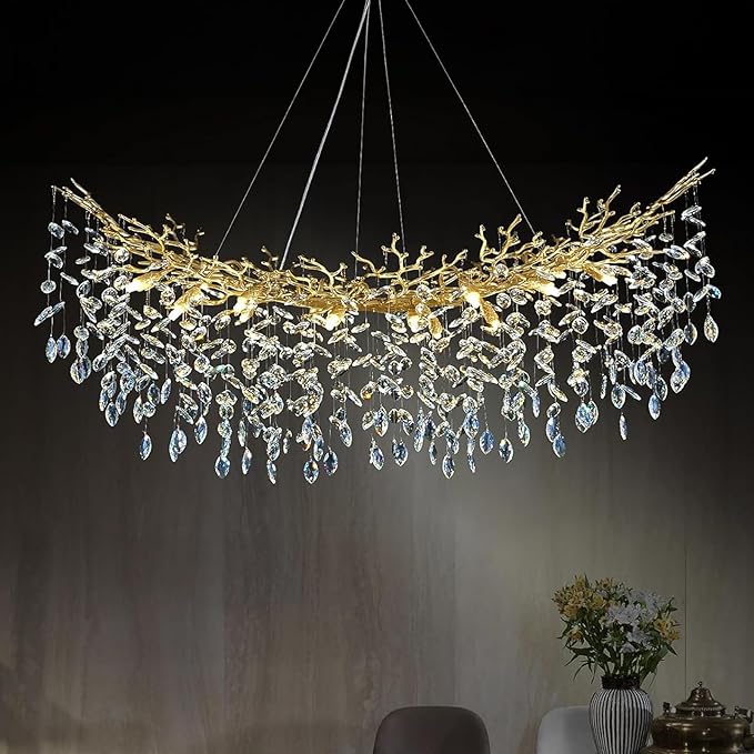 55inch Crystal Rectangle Chandelier for Dining Room, Gold Tree Branch Chandeliers Over Table, Top K9 Crystal Modern Chandeliers for Kitchen Island,Dining Table,Luxury Rectangular Chandeliers