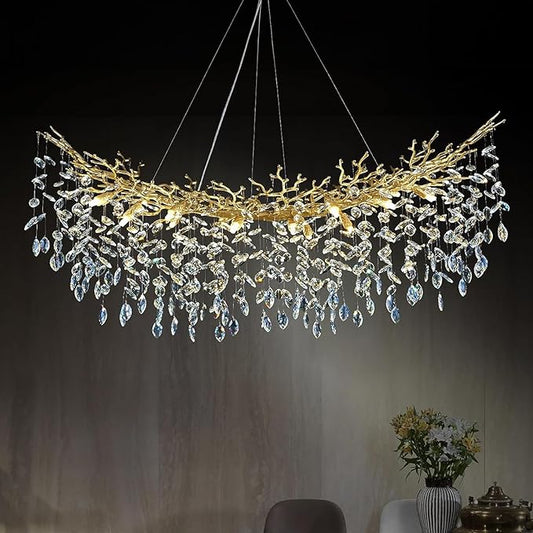 55inch Crystal Rectangle Chandelier for Dining Room, Gold Tree Branch Chandeliers Over Table, Top K9 Crystal Modern Chandeliers for Kitchen Island,Dining Table,Luxury Rectangular Chandeliers
