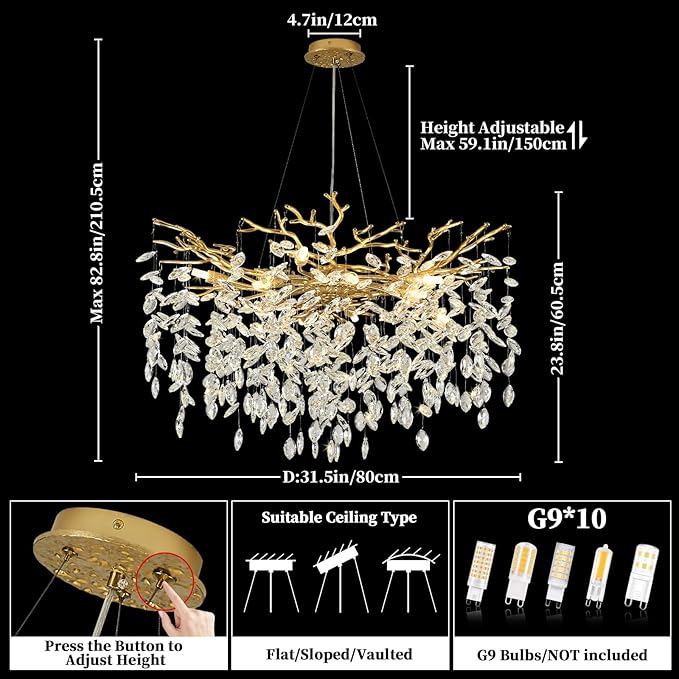 Modern Gold Crystal Chandeliers 31.5" Luxury K9 Crystal Large Chandelier for Living Room Mid Century Tree Branch Chandelier Ceiling Pendant Lighting Fixture for Bedroom Kitchen Staircase
