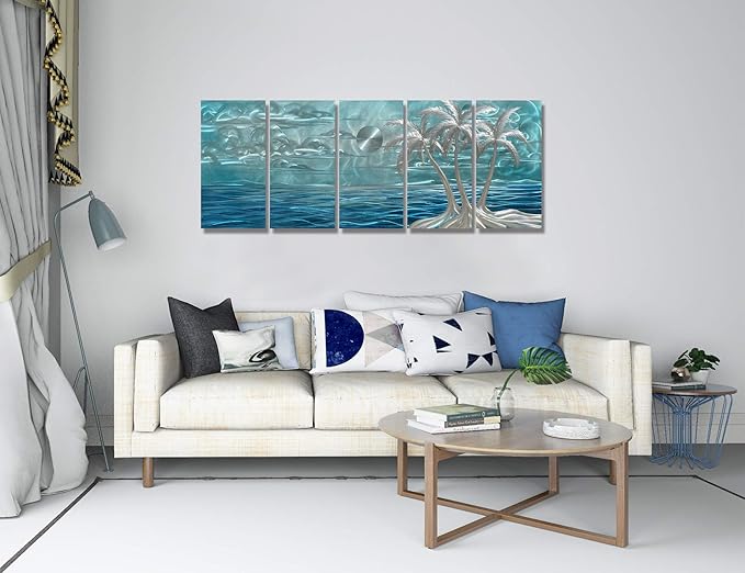 BATRENDY ARTS Blue Metal Tree Wall Art Silver Coconut Palm by the Sea Hand-polished Tropical Artwork Accent Contemporary Bedroom Decor Hangings