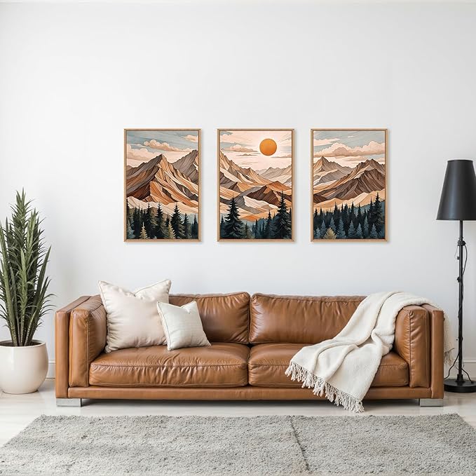 KAIRNE Mountain Framed Wall Art Set of 3, Wooden Mountain Forest Wall Decor, Boho Pine Tree Landscape Wall Painting, Woodcut Wilderness Scenery Art Prints for Living Room, Bedroom, Office -16"x24"