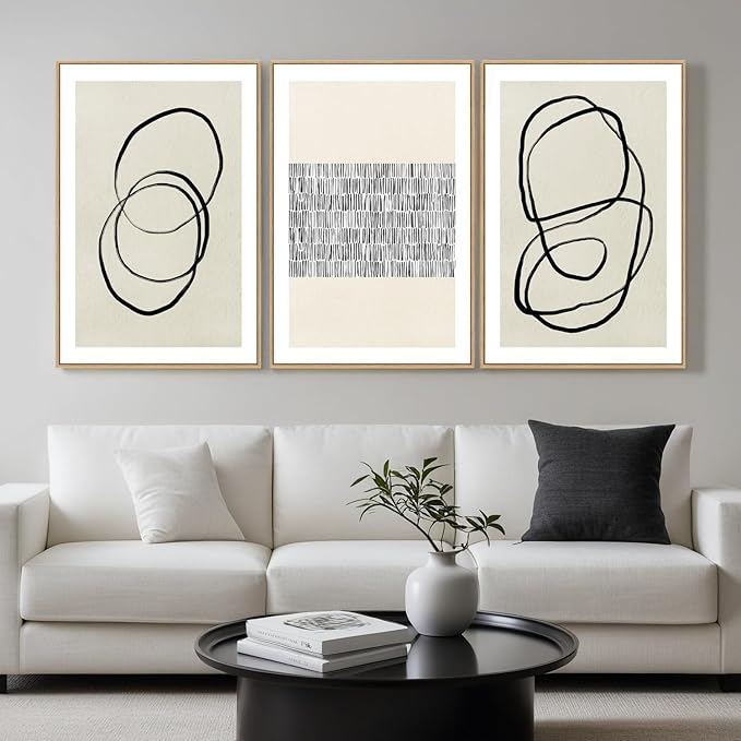 Abstract Boho Wall Art Set - Modern Boho Geometric Framed Canvas Prints, Neutral Mid-Century Graffiti Inspired Decorative Wall Decor for Living Room, Bedroom, Office - 24"x36"x3