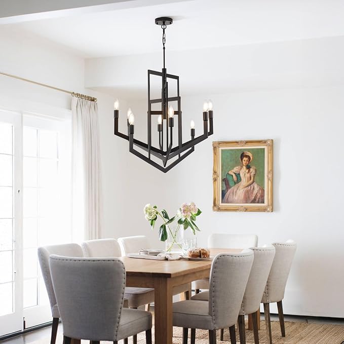 Black Farmhouse Chandelier,8-Light Modern Geometric Pendant Light Fixtures,Rustic Industrial Foyer Lighting Fixtures, Large Foyer Chandeliers for High Ceilings,for Kitchen Island,Staircase,Entryway