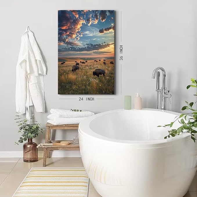 Large Landscape Wall Art Cow Pictures Wall Decor Tallgrass Prairie Scenic Canvas Prints for Living Room Decor Sunset Nature Scenery Poster Bisons Painting Artwork for Office Home Decorations 24x36"