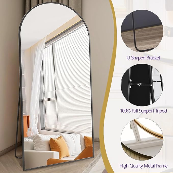 Arched Full Length Mirror, 71"x30" Large Floor Mirror, Full Body Mirrors for Leaning or Hanging, Standing Mirrors for Bedroom, Living Room,Dressing Room, Aluminum Alloy Frame, Black