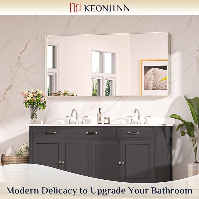 Keonjinn 60 x 28 Inch Brushed Nickel Bathroom Mirrors for Over Sink, Rounded Rectangle Silver Bathroom Vanity Mirror, Farmhouse Mirror for Wall, HD Tempered Glass, Anti-Rust Aluminum Alloy Mirror