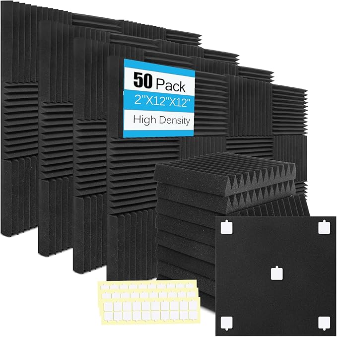 Acoustic Panels Foam for Walls, Sound Absorbing Panels, High Density Soundproof Panels Fire Resistant for Studio Recording 2"x12"x12" (Black, 50 Pack)