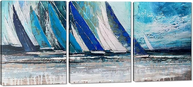 MAMAGO Blue Wall Art - 3 Panels Abstract Canvas Decor Painting Seascape Poster Textured Navy Blue Modern Sailboat Ocean Artwork for Bedroom Framed Easy to Hang - 12" W x 16" Hx3pcs
