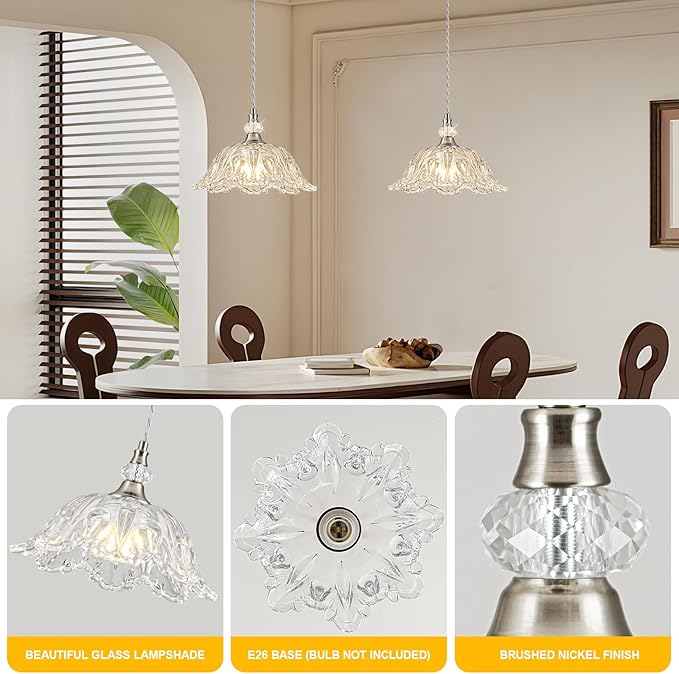 1 Piece Brushed Nickel Chandelier Light Fixtures with Glass Shade, Brushed Nickel Finish Pendant Light,Hanging Light for Dining Room,Hallways,Living Room,Bedroom