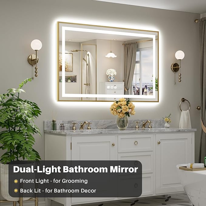 55x36 Inch LED Bathroom Mirror with Gold Frame, Backlit & Front Lit, Anti-Fog Lighted Bathroom Vanity Mirror for Wall, Memory Function, Dimmable, HD Tempered Glass, Shatter-Proof