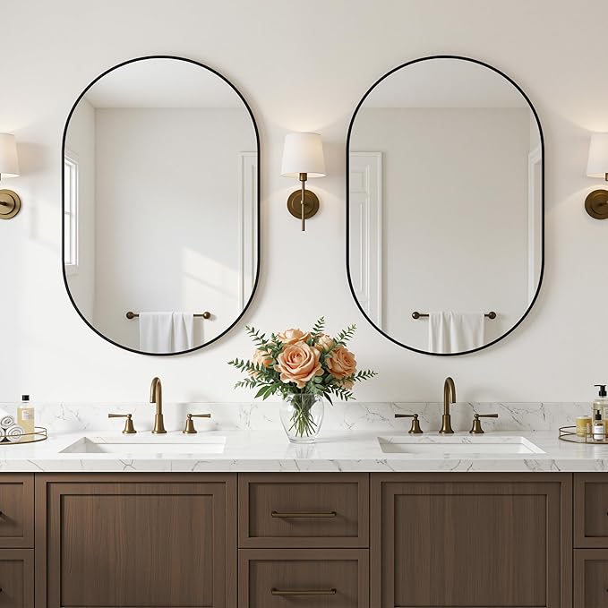 Antok 2PCS Wall Mirror, 20"x30" Bathroom Vanity Mirror, Anti-Rust HD Tempered Glass, Wall Mounted Mirrors for Living Room, Entryway, Hallway, Black Frame, Oval