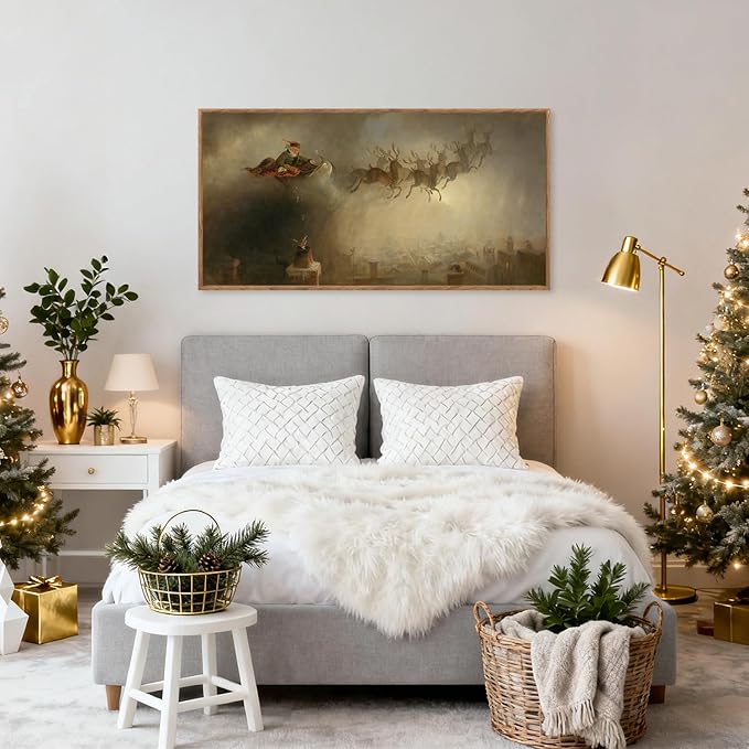 Aurlan Vintage Santa's Sleigh Rides Framed Wall Art(40"x20"), Mid Century Modern Moody Black Christmas Eve Santa Claus with Reindeer Sleigh Canvas Artwork, Neutral Abstract Xmas Winter Holiday Gift Decor for Home Office Bedroom