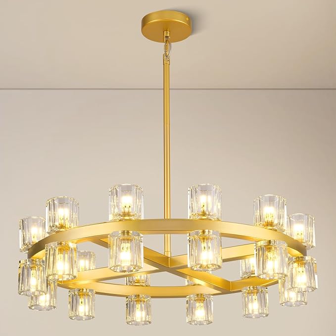 Modern 24" Gold Crystal Chandelier,K9 Crystal Round Chandeliers for Dining Room,Living Room Chandelier, Dining Room Chandeliers Over Table, Sutiable for Bedroom,Foyer,G4 Includes Bulbs