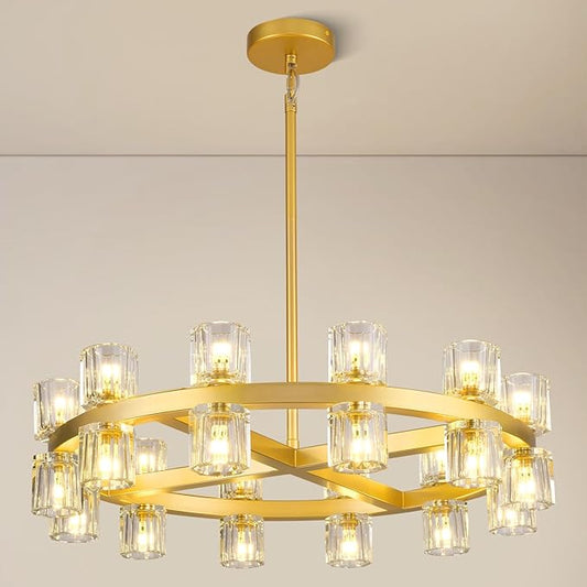 Modern 24" Gold Crystal Chandelier,K9 Crystal Round Chandeliers for Dining Room,Living Room Chandelier, Dining Room Chandeliers Over Table, Sutiable for Bedroom,Foyer,G4 Includes Bulbs