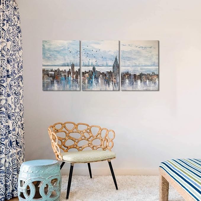 MAMAGO Modern City New York Landscape Wall Decor Skyline Birds Canvas Print Painting for Living Room Kitchen Bedroom Wall Art Framed Easy to Hang-12x16 inch x3pcs