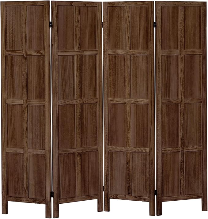 4 Panel Room Divider and Folding Privacy Screen, Classic 5.6Ft Wood Room Divider Wall, Partition Screen Divider for Room Separation for Home Office, Bedroom, Office, Dressing Room, Brown