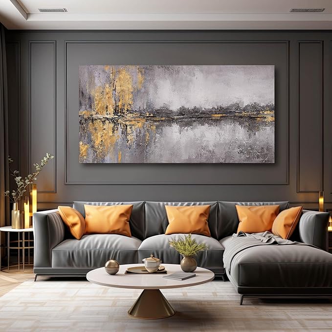 Abstract Wall Art Framed Canvas Wall Decor Gold Grey Pictures Vintage Prints Artwork for Living Room Dinning Room 29"x58"