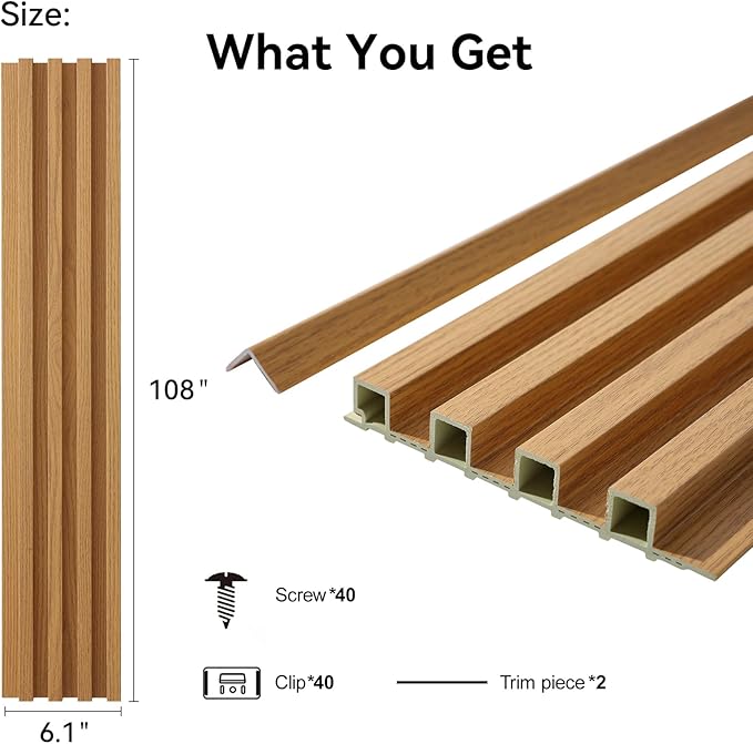 8-Pack WPC Wall Panels 108’’ x 6.1’’ 3D Slat Wall Panel Acoustic Wall Paneling for Interior Wall Decor TV Background Kitchen Bedroom Oak