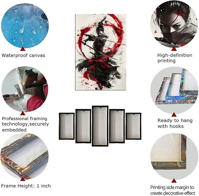 Japanese Female Samurai Wall Art Woman Fight Painting Canvas Prints Red Warrior Pictures Bushido Poster for Bedroom Classroom Dorm Living Room Aesthetic Decor Framed (28''W x 44''H)