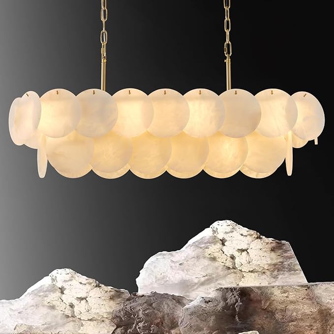 Alabaster Rectangle Chandelier, L39.4'' Natural Spanish Marble Stone Textur Chandeliers, 11-Light Dimmable Chandelier Over Table for Kitchen Island, Living Room, Hallway- Modern Luxury Lighting