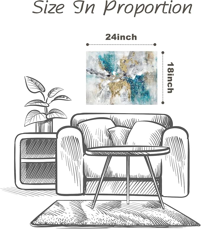 Abstract Teal Blue Canvas Wall Art: Gray White Colorful Minimalist Artwork Modern Glitter Gold Foil Painting for Bedroom