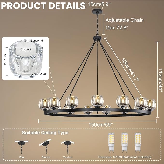 Black Wagon Wheel Chandelier, 59 Inch Black Chandeliers with Unique Glass Shade, 15-Light Crystal Large Wagon Wheel Chandeliers for Dining Room, High Ceiling Round Chandelier for Living Room, Foyer