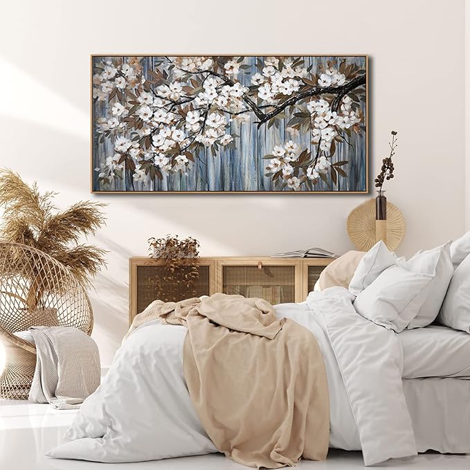 Large Canvas Framed Wall Art White Flowers Modern Canvas Wall Pictures for Living Room, Bedroom Family Wall Decor Decoration, Size 24x48 Wall Art(With Soild Wood Dark Framed)
