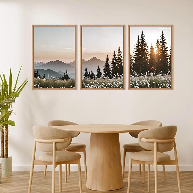 Large Mountain Sunlight Calming Framed Canvas Wall Art Set,Boho Nature Pine Tree Landscape Wall Decor,Modern Sunrise Forest Art Printing for Living Room,Bedroom-24 x36 x3