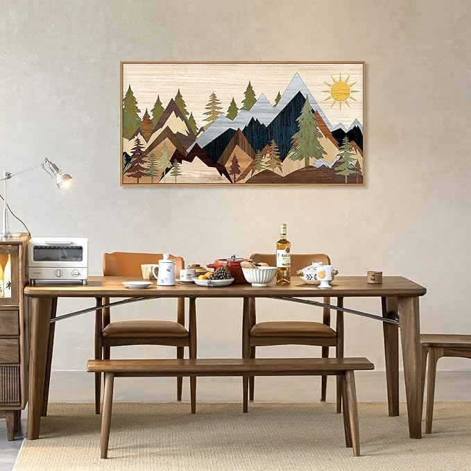 Ausril Mountain Pine Tree Framed Canvas Wall Art Set, Nature Wilderness Illustration Wall Decor, Woodcut Forest Wall Painting, Mid Century Modern Art Print for Living Room Bedroom Office 20"x40"