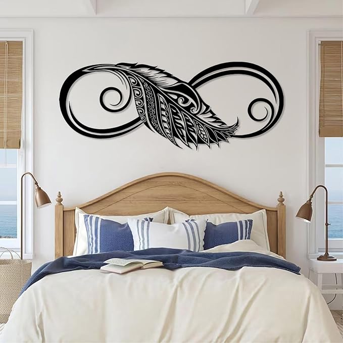 Metal Wall Art-Infinity Feather Wall Art, Infinity Metal Wall Decor, Feather Wall Decor, Metal Feather Wall Art Decor, Unique Infinity Feather Wall Decor, Bedroom Wall Decor (Silver, 21"x53"|54x135cm)