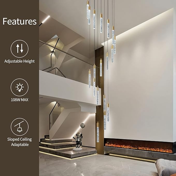 18-Light Modern Living Room Chandelier Gold Brass Finish Crystal Ceiling Pendant Lights LED Dimmable 108W 6000K Staircase Large Chandeliers for Entryway Lobby Foyer High Ceiling Chandeliers