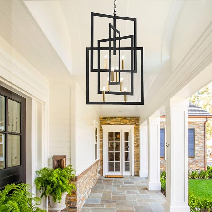 Black and Gold Chandelier, 8-Light Farmhouse Lantern Pendant Light Fixtures, Rustic Industrial Foyer Lighting Fixtures, Large Chandeliers for High Ceilings, for Hallway, Staircase, Entryway