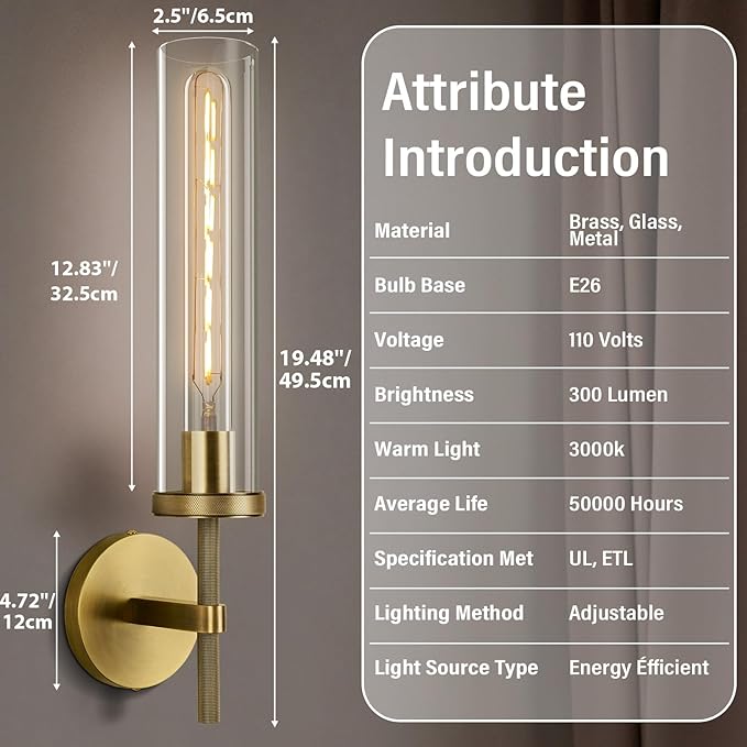 Brass Wall Sconce 19.48" Handcrafted Vintage Wall Lamp with Clear Glass Tube & Knurled Detailing, Sconce Lighting for Bedroom Bathroom Hallway Staircase Entryway, Dining Room Decor Lighting Fixture