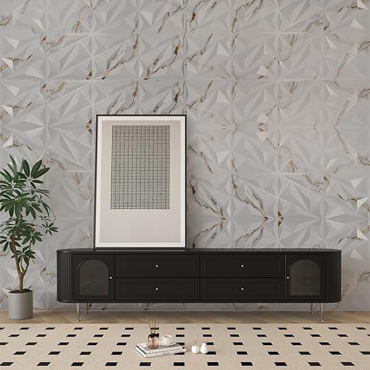 Art3dwallpanels 33 Pack 3D Wall Panel Diamond for Interior Wall Décor, PVC Textured Wall Panels, 12''x12'' Cover 32.Sq.Ft. Gold Veined White