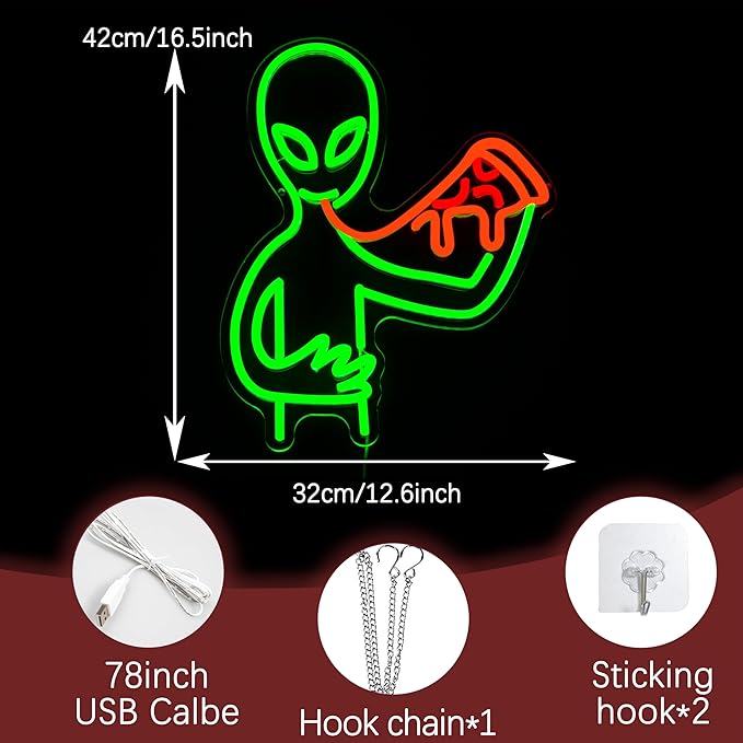 Alien Pizza Neon Sign Dimmable Cool Alien Neon Light Usb Powered Pizza Shop Light Up Sign Tasty Food Led Light Sign for Restaurant Party Bar Pub Man Cave Snack Shop Wall Decor(16.54*12.6 in)