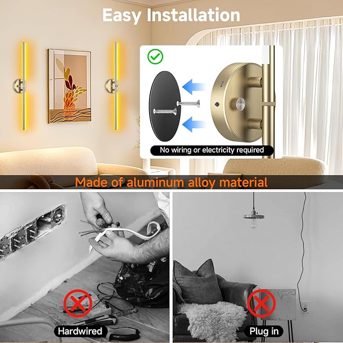 Battery Operated Wall Sconce,Wireless Wall Lights with Remote, 360°DIY Rotatable RGB Lamp with Timer, 3000K-6500K LED Dimmable Wall Decor for Vanity, Living Room, Hallway Gold
