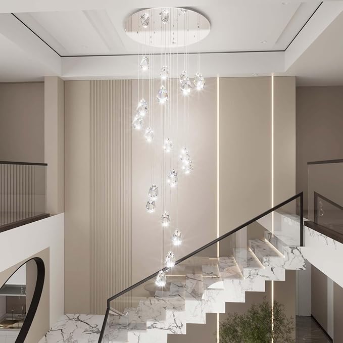 Large High Ceilings Chandeliers Modern Long Crystal Spiral Chandeliers,K9 Crystal Drop Chandelier for Staircase Foyer Entryway 20 Lights Silver D28XH135inch