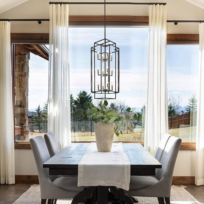 12 Lights Pendant Light, Metal Lantern Island Light, Vintage Black Ceiling Light, Industrial Tiered Hanging Light Fixture, Farmhouse Chandeliers for Dining Room, Living Room, Kitchen